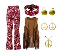 Générique Ensemble pantalon hippie années 70 pour femme gilet à franges festif avec lunettes et collier assortis (Watermelon Red, M)