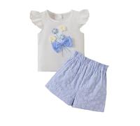 Générique Ensemble Petite Fille 2-7 Ans Été Haut Manches Courtes Imprimé Fleur en Relief Et Short Jacquard Tenue Confortable Quotidienne(Blue, 2-3 Years)