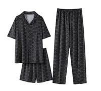 Générique Ensemble Pyjama 3 pièces for Homme, été, Imitation Soie, Chemise à Manches Courtes boutonnée, Short, Pyjama en Satin(Pj05,3X-Large)