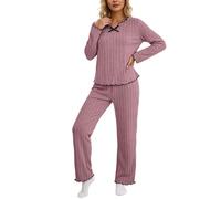 Générique Ensemble Pyjama côtelé Doux avec Bordure en Dentelle Noire Tenue d'intérieur Confortable Deux pièces pour Femme élégante Chaude Automne Hiver idéal Confort Style Moderne Usage Quotidien (L)