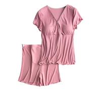Générique Ensemble pyjama de grossesse pour femme Manches courtes Tissu côtelé Taille haute Pyjama d'allaitement Pour femme enceinte Été avec soutien-gorge intégré et confortable après l'accouchement