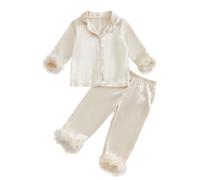 Générique Ensemble Pyjama décontracté pour Enfants Chemise Manches Longues et Pantalon Confortable Lot de Deux Tenues Douces idéales pour Le Sommeil Quotidien de Votre Fille (Beige, 6-7 Years)