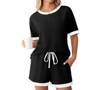 Générique Ensemble Pyjama d'été pour Femme, Couleur Unie côtelée, Manches Courtes, Maille texturée, Doux et décontracté, idéal pour se détendre. (Black,TG)