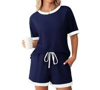 Générique Ensemble Pyjama d'été pour Femme, Couleur Unie côtelée, Manches Courtes, Maille texturée, Doux et décontracté, idéal pour se détendre. (Navy Blue,TG)