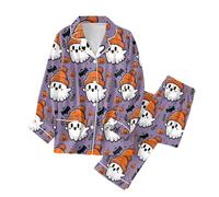 Générique Ensemble Pyjama en Coton pour Femme - Long - Deux pièces - Impressions d'halloween - Vêtement de Nuit et Pantalon de Pyjama Long - Automne - Hiver - Combinaison de Loisirs