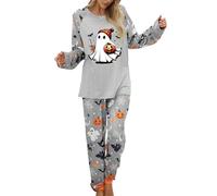 Générique Ensemble pyjama en coton pour femme - Long - Deux pièces - Impressions d'Halloween - Vêtement de nuit et pantalon de pyjama long - Automne - Hiver - Combinaison de loisirs