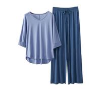 Générique Ensemble Pyjama Femme Confortable en Tissu Respirant avec Manches Trois-Quarts et Col en V pour Nuits d'Été (Light Blue, L)