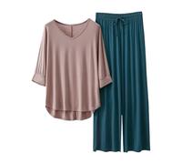 Générique Ensemble Pyjama Femme Confortable en Tissu Respirant avec Manches Trois-Quarts et Col en V pour Nuits d'Été (Brown, XL)