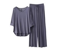 Générique Ensemble Pyjama Femme Élégant à Manches Trois-Quarts Col V Hauts et Pantalons Larges Confortable pour Nuits d'Été (Dark Gray, L)