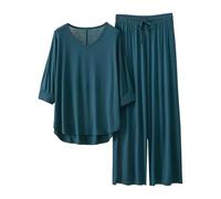 Générique Ensemble Pyjama Femme Élégant à Manches Trois-Quarts Col V Hauts et Pantalons Larges Confortable pour Nuits d'Été (Dark Green, XL)