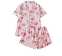 Générique Ensemble Pyjama Femme Été Col Revers Manches Courtes Boutonné 2 Pièces Short avec Poches Cœur Brodé Bordure Blanche Vêtements de Nuit Décontracté Confortable