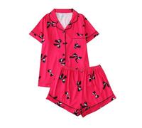 Générique Ensemble Pyjama Femme Été Col Revers Manches Courtes Boutonné 2 Pièces Short avec Poches Cœur Brodé Bordure Blanche Vêtements de Nuit Décontracté Confortable