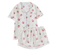 Générique Ensemble Pyjama Femme Été Col Revers Manches Courtes Boutonné 2 Pièces Short avec Poches Cœur Brodé Bordure Blanche Vêtements de Nuit Décontracté Confortable