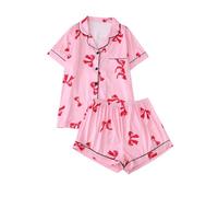 Générique Ensemble Pyjama Femme Été Col Revers Manches Courtes Boutonné 2 Pièces Short avec Poches Cœur Brodé Bordure Blanche Vêtements de Nuit Décontracté Confortable