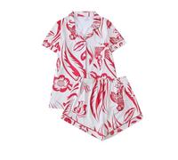 Générique Ensemble Pyjama Femme Été Col Revers Manches Courtes Boutonné 2 Pièces Short avec Poches Cœur Brodé Bordure Blanche Vêtements de Nuit Décontracté Confortable