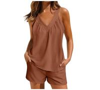 Générique Ensemble Pyjama Femme Été Col V sans Manche Débardeur 2 Pièces Short avec Poches Plissé Poitrine Vêtements de Nuit Décontracté Confortable Sexy