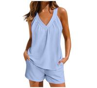 Générique Ensemble Pyjama Femme Été Col V sans Manche Débardeur 2 Pièces Short avec Poches Plissé Poitrine Vêtements de Nuit Décontracté Confortable Sexy