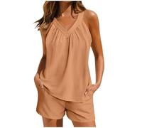 Générique Ensemble Pyjama Femme Été Col V sans Manche Débardeur 2 Pièces Short avec Poches Plissé Poitrine Vêtements de Nuit Décontracté Confortable Sexy