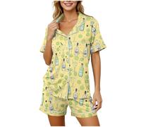 Générique Ensemble Pyjama Femme Été Imprimé Cocktail Col Revers Manches Courtes 2 Pièces Short Boutonné avec Poches Vêtements de Nuit Décontracté Confortable Doux