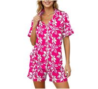 Générique Ensemble Pyjama Femme Été Imprimé Cocktail Col Revers Manches Courtes 2 Pièces Short Boutonné avec Poches Vêtements de Nuit Décontracté Confortable Doux