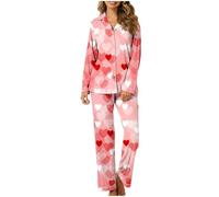 Générique Ensemble Pyjama Femme Hiver,Ensemble De Pyjama 2 Ensembles Imprimé Pyjama De Saint-Valentin Dame Bouton Manches Longues VêTements De Maison Pyjama De Printemps (Red XL)
