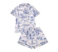 Générique Ensemble Pyjama Femme Imprimé Toile de Jouy, Haut à Col Chemise Manches Courtes + Short de Sommier, Tenue de Sommeil Élégante et Confortable