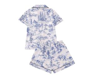 Générique Ensemble Pyjama Femme Imprimé Toile de Jouy, Haut à Col Chemise Manches Courtes + Short de Sommier, Tenue de Sommeil Élégante et Confortable
