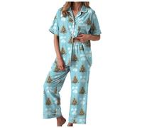 Générique Ensemble Pyjama Femme Noël 2 Pièces Pyjama Manches Courtes Pantalon Long à Motifs Festifs Tissu Respirant Confortable pour Soirées Pyjamas en Famille