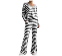 Générique Ensemble Pyjama Femme Rayé Col V Manches Longues Enfiler 2 Pièces Pantalon Évasé avec Poches Loungewear Décontracté Confortable Doux Vêtements de Nuit