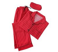 Générique Ensemble Pyjama Femme Rayé Manches Longues Col Revers Boutonné 3 Pièces Pantalon avec Masque de Sommeil Vêtements de Nuit Élégant Confortable Doux Idée Cadeau