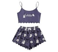 Générique Ensemble Pyjama Femme sans Manches Short imprimé Citrouille Halloween Confortable léger Nuit détente (Light Purple, L)