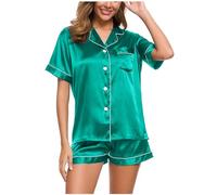 Générique Ensemble Pyjama Femme Satin Col Revers Manches 3/4 Boutonné 2 Pièces Short avec Poches Vêtements de Nuit Élégant Confortable Doux Grande Taille