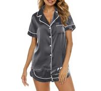 Générique Ensemble Pyjama Femme Satin Été Col Revers Manches Courtes Boutonné 2 Pièces Short avec Poches Bordure Contrastée Vêtements de Nuit Élégant Confortable Doux