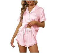 Générique Ensemble Pyjama Femme Satin Été Col Revers Manches Courtes Boutonné 2 Pièces Short Volanté avec Poches Vêtements de Nuit Élégant Confortable Doux