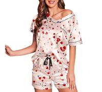Générique Ensemble Pyjama Femme Satin Rose avec Motif Nœud, Vêtements de Nuit 2 Pièces Manche Courte Saint-Valentin, Vêtements de Détente Col a V Sexy, Pijama Chic pour Maison ou Anniversaires