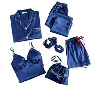 Générique Ensemble Pyjama Femme Sept Pièces Confortable Nuit Longues Manches Short Décontracté Luxueux (Blue, L)
