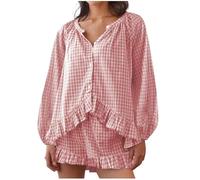 Générique Ensemble Pyjama Femme Vichy Col V Manches Longues Boutonné 2 Pièces Short Taille Haute Volanté Vêtements de Nuit Loungewear Décontracté Confortable S-L