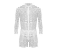 Générique Ensemble pyjama pour homme - Haut et short - Chemise - Short creux - Couleur unie - Dentelle - Tenue pour mariage, nuit, lune de miel, plage sexy - Vacances - Cadeau de mariage