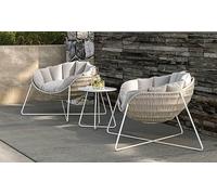 Générique Ensemble Salon de Jardin Design Cocon, 2 Fauteuils en tréssé avec Coussins Gris, Table Basse Ronde, Structure INOX Blanc