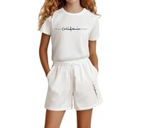 Générique Ensemble Short Tee Shirt Enfant Fille T-Shirts à Manches Courtes Fille Imprimé Lettre Ensemble Sport Coton 4-14 Ans Vêtements Décontractés Uni Ensemble Jogging Enfant (Blanc, 13-14 ans)