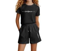 Générique Ensemble Short Tee Shirt Enfant Fille T-Shirts à Manches Courtes Fille Imprimé Lettre Ensemble Sport Coton 4-14 Ans Vêtements Décontractés Uni Ensemble Jogging Enfant (Noir, 9-10 ans)