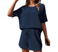 Générique Ensemble Shorty Femme Manches Chauve-Souris Décontracté Confortable Style Étranger Mode Tendance (Navy, L)