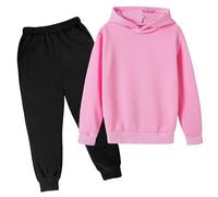 Générique Ensemble sous Vêtement Lettre imprimée à Manches Longues Pull Capuche Sweat survêtement Pantalons de Unisexe 2 PC Fille Jogging(Rose,11-12 Years)