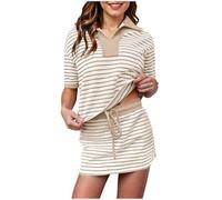 Générique Ensemble Sport Femme Rayé Polo Manche Courte, Haut Décontracté + Jupe Culotte Ample Léger, Tenue Dynamique pour Marche, Fitness et Vacances Estivales Extérieures