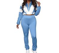Générique Ensemble survêtement deux pièces femme inspiré style rétro années 80 veste courte zippée avec pantalon ajusté pour un sportif tendance (Blue, XL)