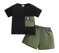 Générique Ensemble T-Shirt + Short BéBé GarçOn, T-Shirt Noir à Poche Cargo Kaki + Short Kaki éLastique, Tenue 4 PièCes En Coton Taille Elastique Avec Poches Summer Outfits Hot