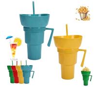 Générique Ensemble tasse et bol avec paille, tasse 2 en 1 pour collation et boisson avec paille, gobelet de stade pour pop-corn, tasse de voyage avec bol à collation sur le dessus (Bleu + jaune)