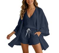 Générique Ensemble trois pièces léger et décontracté composé d'un cardigan et d'un short amples. (Navy, XL)