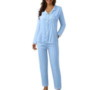 Générique Ensembles De Pyjama Femme, Ensemble De Pyjama Chemise BoutonnéE Et Pantalon Pyjama à Carreaux Doux à Manches Longues VêTements De Maison Mignons Pyjama d'hiver Chaud Pas Cher Bleu Ciel, XXL