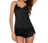 Générique Ensembles de Pyjama Femme Sexy en Dentelle Vêtements de Maison Lingerie Satin de Soie 2 Pièces Short et Caraco Costume Nuisette Set Vêtement De Nuit Sleepwear Ensembles Pas Cher, Noir, L